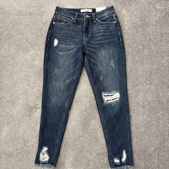 KanCan Jeans Womens 0/23 Boyfriend Distressed Blue Denim Dark Wash Pants NEW - Picture 1 of 11